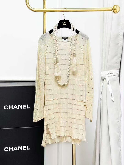 Chanel Greek Collection Lightweight Gold-Thread Knitted Long-Sleeved Dress