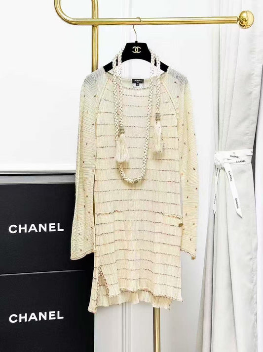 Chanel Greek Collection Lightweight Gold-Thread Knitted Long-Sleeved Dress