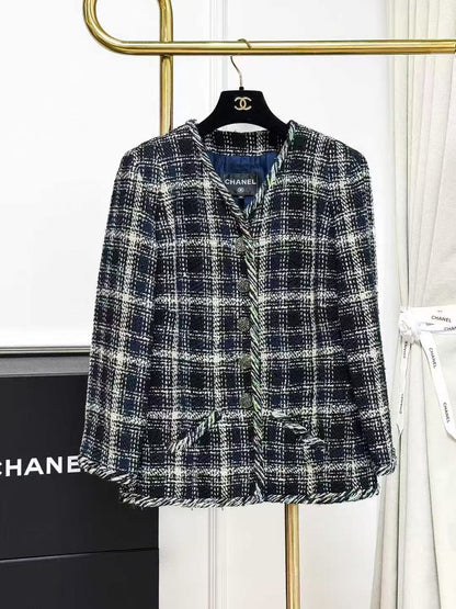 Chanel 2018 Spring/Summer Blue and White Checkered Knitted Trim Jacket