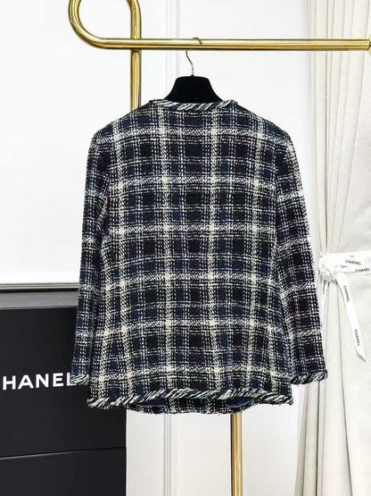 Chanel 2018 Spring/Summer Blue and White Checkered Knitted Trim Jacket