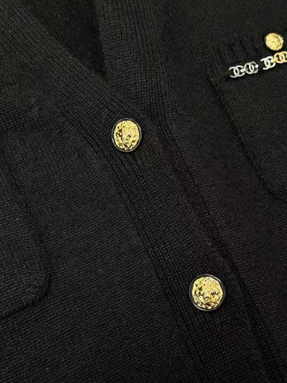 Chanel 22B Black Cashmere Knit Cardigan with Logo Chain Detail
