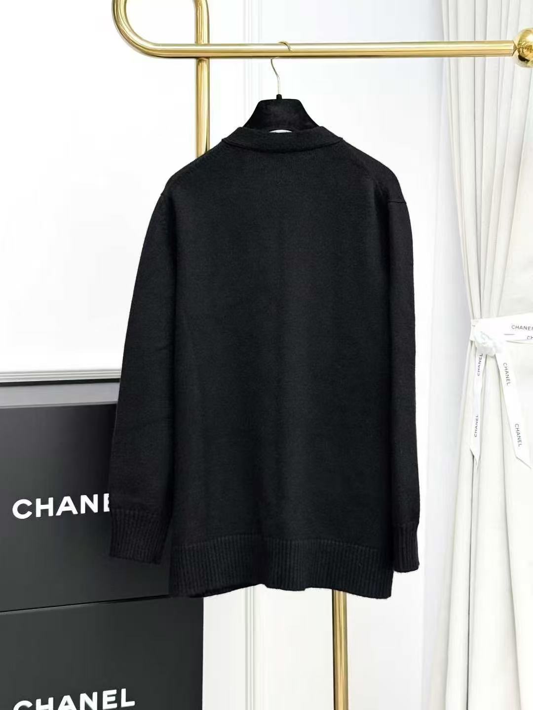 Chanel 22B Black Cashmere Knit Cardigan with Logo Chain Detail
