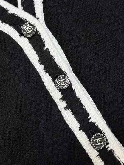 Chanel 22C Black Jacquard Knit Cardigan with White Diamond Quilting