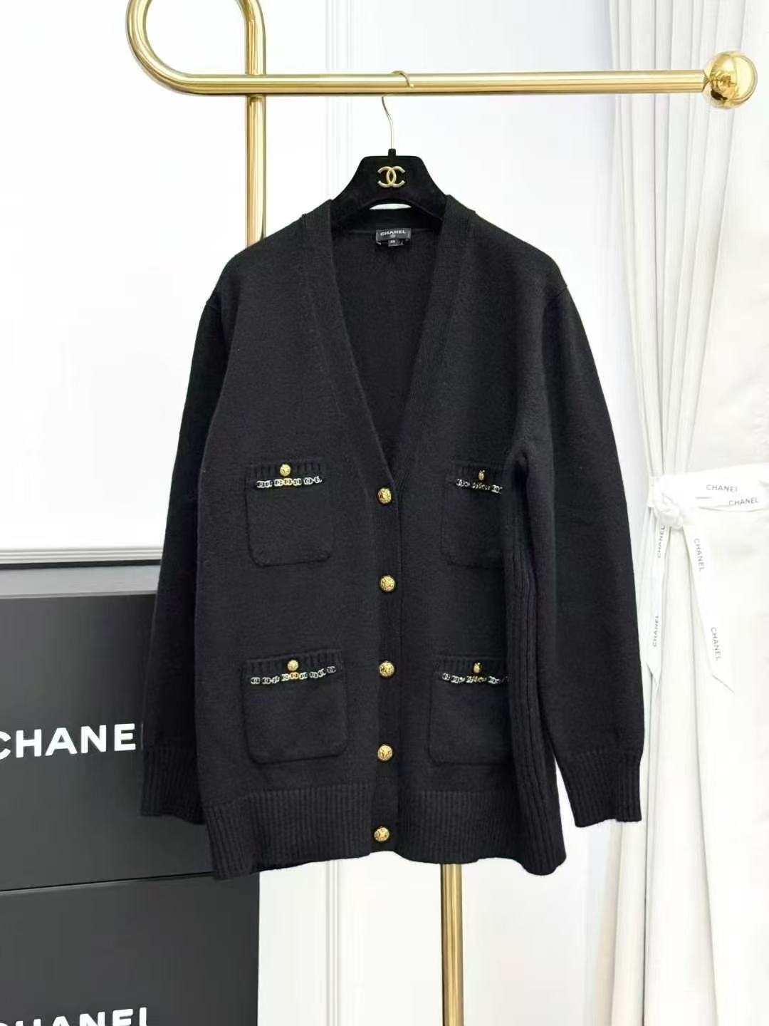 Chanel 22B Black Cashmere Knit Cardigan with Logo Chain Detail