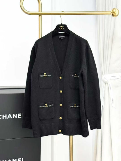 Chanel 22B Black Cashmere Knit Cardigan with Logo Chain Detail