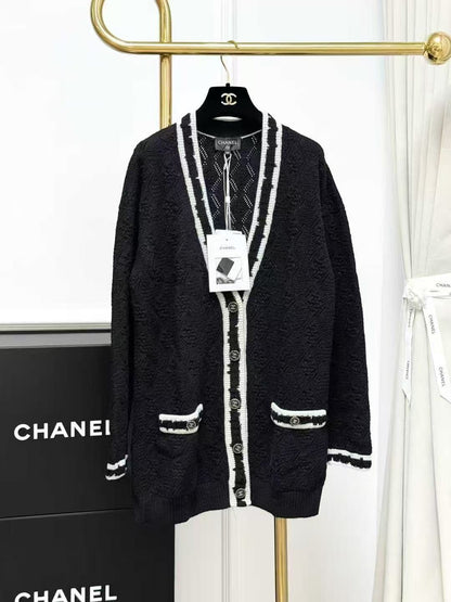 Chanel 22C Black Jacquard Knit Cardigan with White Diamond Quilting
