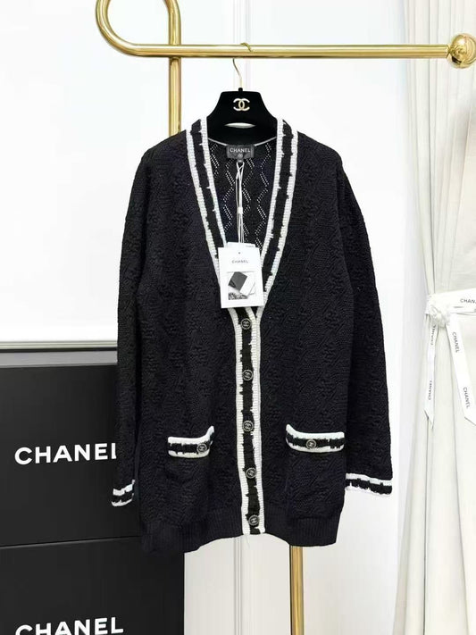 Chanel 22C Black Jacquard Knit Cardigan with White Diamond Quilting