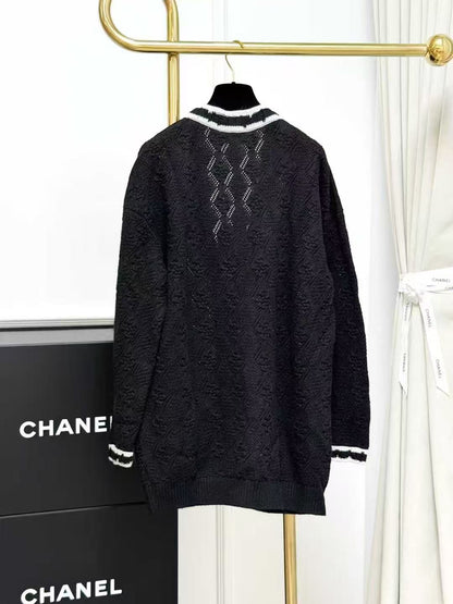 Chanel 22C Black Jacquard Knit Cardigan with White Diamond Quilting