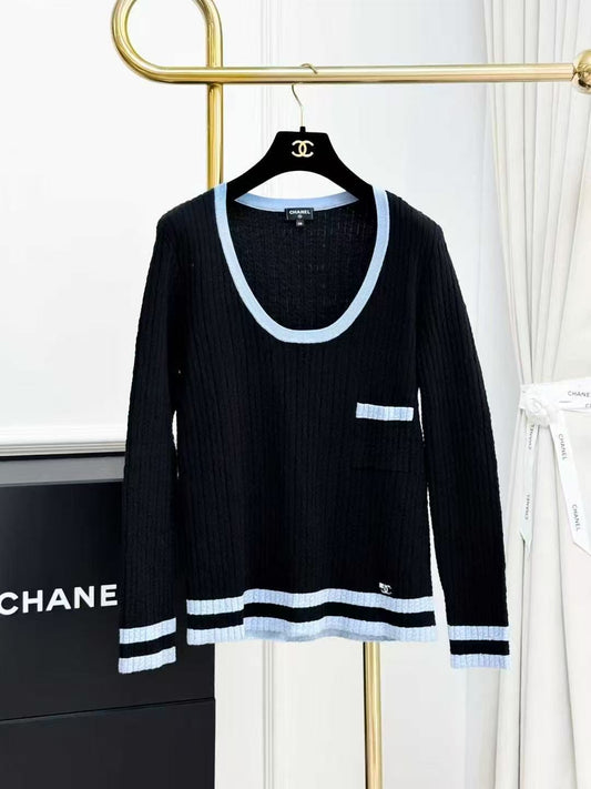 Chanel 24B Black Knitted Top with Blue Trim, Large Neckline and Long Sleeves
