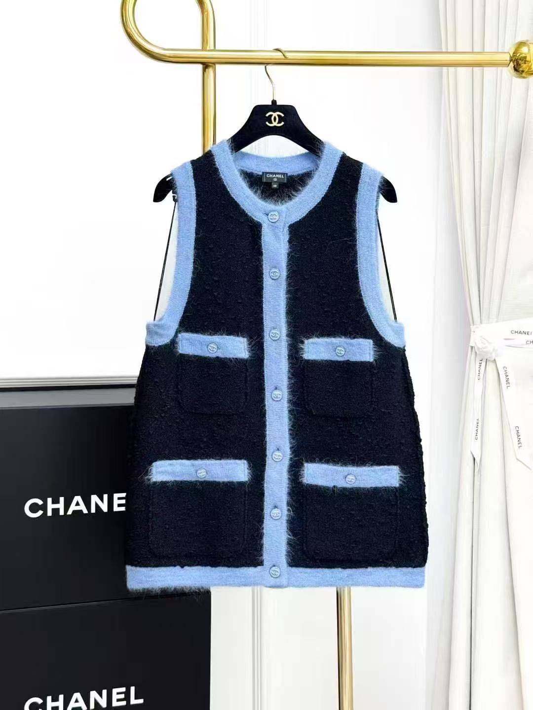 Chanel 24B Black and Blue Contrast Long Knitted Waistcoat