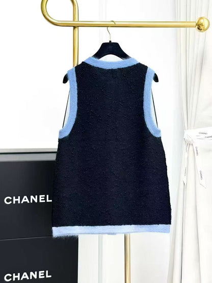 Chanel 24B Black and Blue Contrast Long Knitted Waistcoat