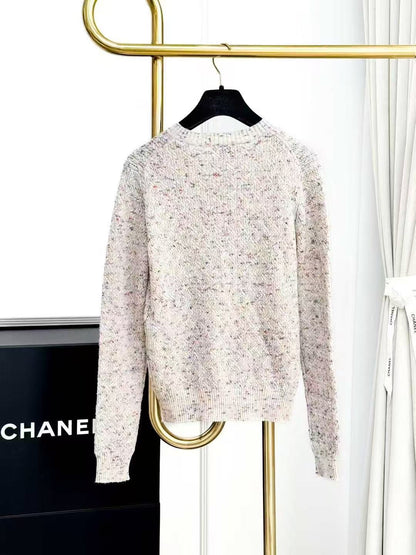 Chanel 25A Oatmeal-Coloured Melange Round-Neck Long-Sleeved Knitted Cardigan