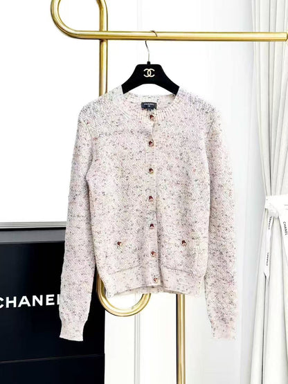Chanel 25A Oatmeal-Coloured Melange Round-Neck Long-Sleeved Knitted Cardigan