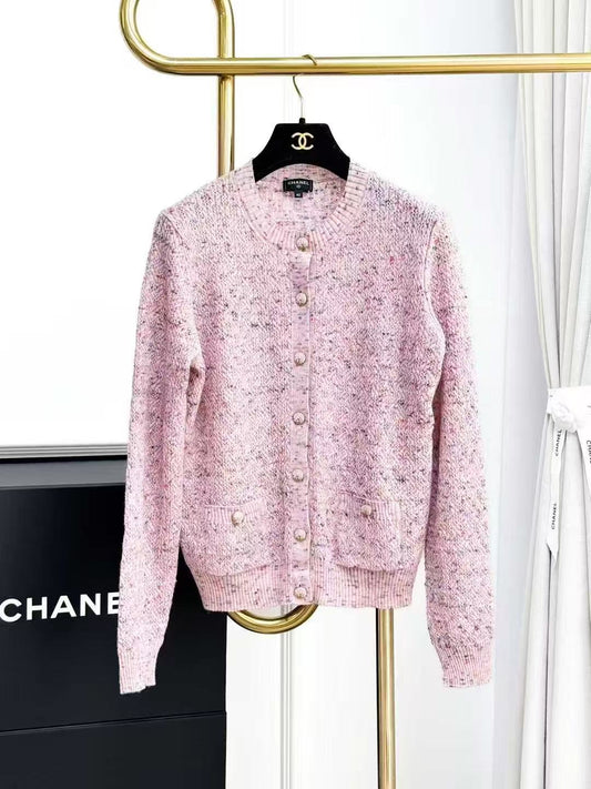 Chanel 25A Pink Melange Crew Neck Long Sleeve Knitted Cardigan