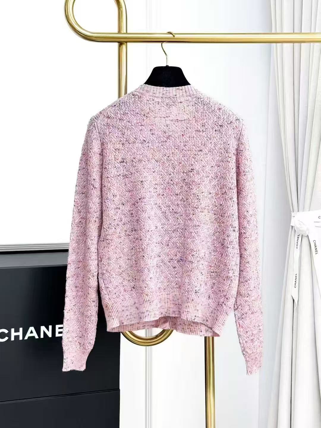 Chanel 25A Pink Melange Crew Neck Long Sleeve Knitted Cardigan