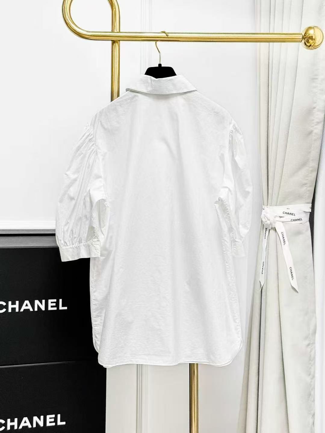 Chanel 21B White Subtle Logo Vintage Puff Sleeve Shirt