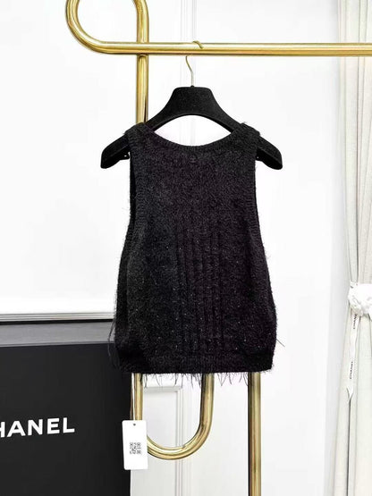 Chanel 25S Black Feather and Baby's Breath Knitted Halter Neck Top