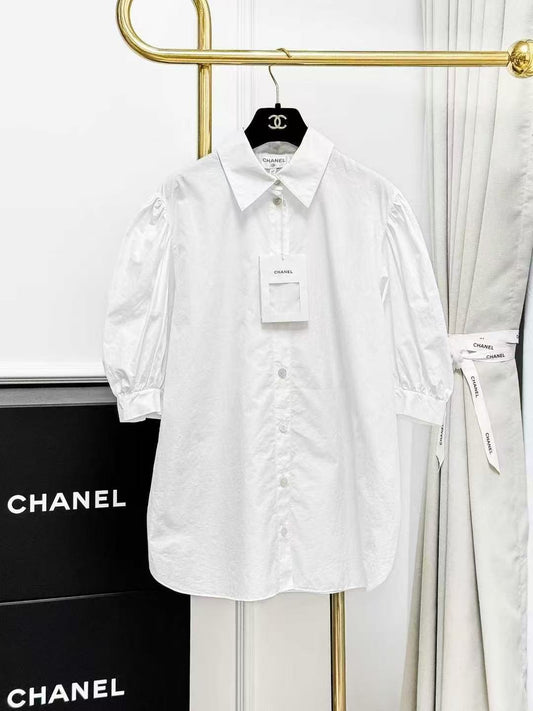 Chanel 21B White Subtle Logo Vintage Puff Sleeve Shirt