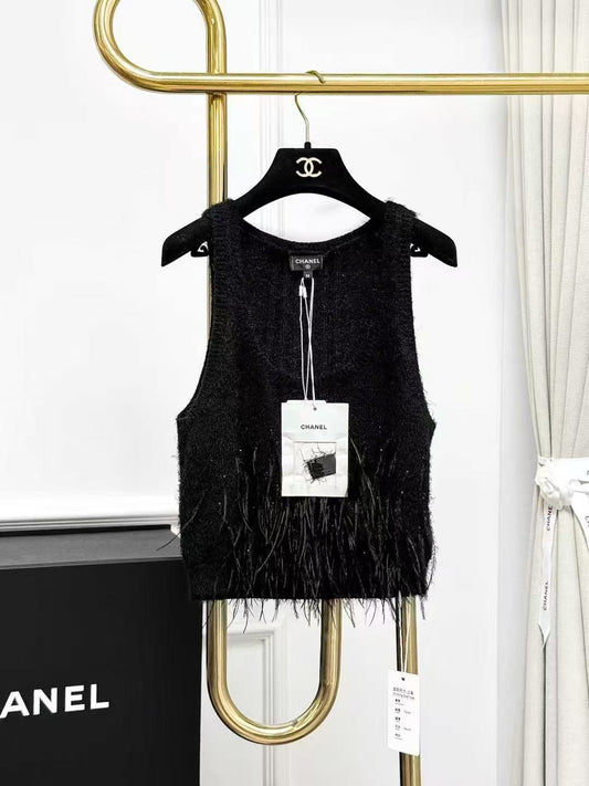Chanel 25S Black Feather and Baby's Breath Knitted Halter Neck Top