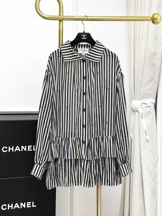 Chanel 24M Coco Beach Black and White Vertical Stripe Mini Logo Doll-Style Shirt