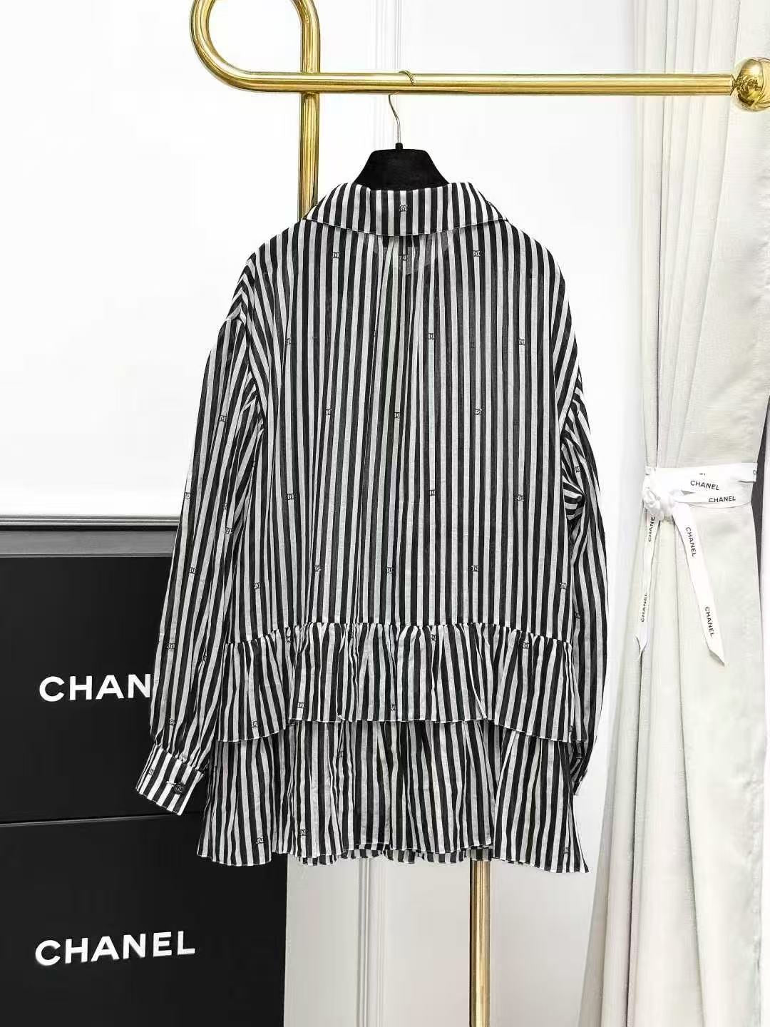 Chanel 24M Coco Beach Black and White Vertical Stripe Mini Logo Doll-Style Shirt