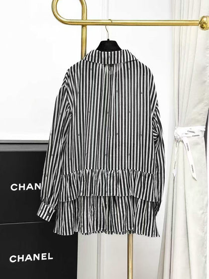 Chanel 24M Coco Beach Black and White Vertical Stripe Mini Logo Doll-Style Shirt