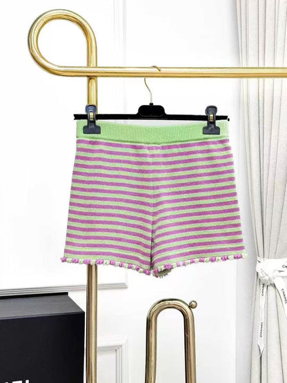Chanel 25S Pastel Pink and Green Striped Knitted Shorts