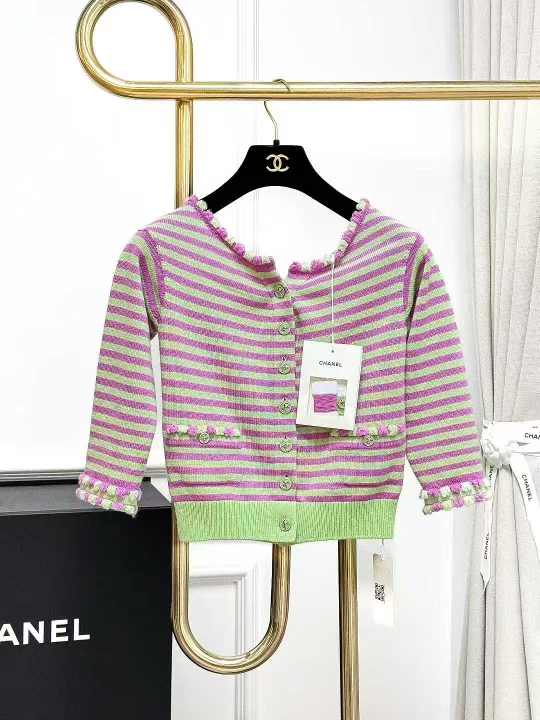 Chanel 25S Candy Pink and Green Striped Off-the-Shoulder Knitted Cardigan