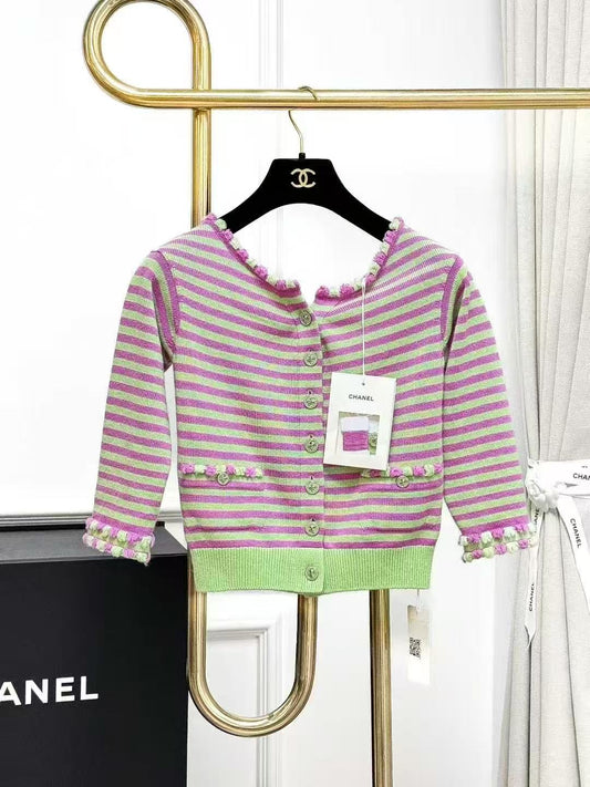 Chanel 25S Candy Pink and Green Striped Off-the-Shoulder Knitted Cardigan