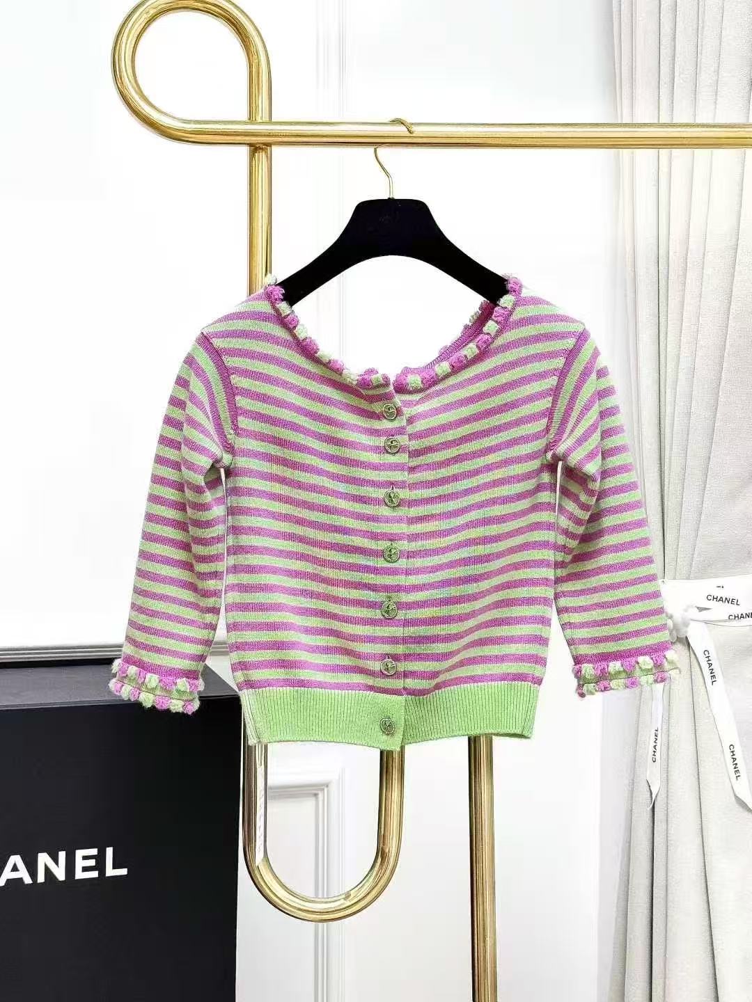 Chanel 25S Candy Pink and Green Striped Off-the-Shoulder Knitted Cardigan