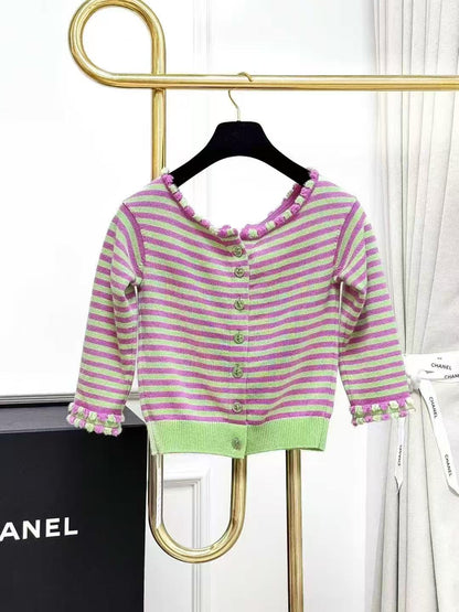 Chanel 25S Candy Pink and Green Striped Off-the-Shoulder Knitted Cardigan