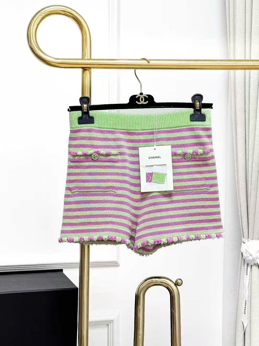 Chanel 25S Pastel Pink and Green Striped Knitted Shorts