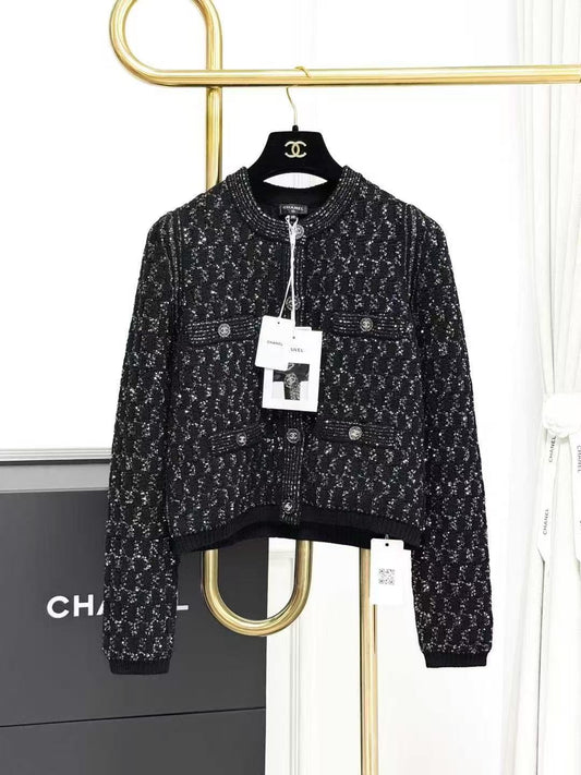 Chanel 21K Diamond Studded Four-Pocket Black Round-Neck Cardigan