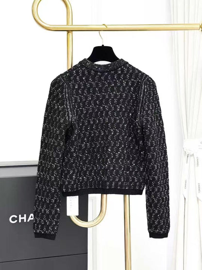 Chanel 21K 钻石镶嵌四口袋黑色圆领开衫