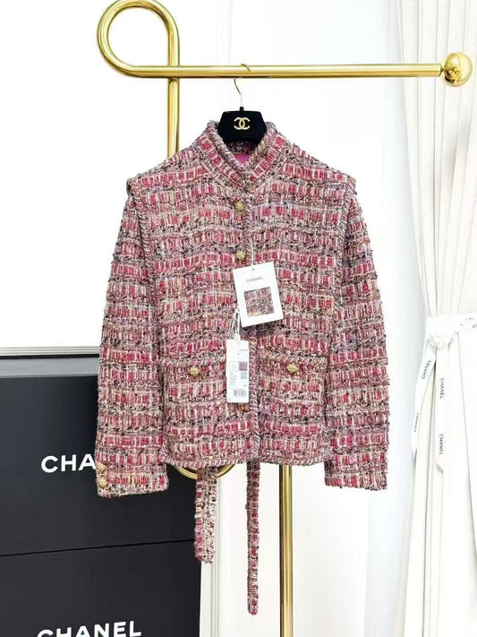 Chanel 21A Château Collection Pink Melange Tie-Front Stand Collar Jacket