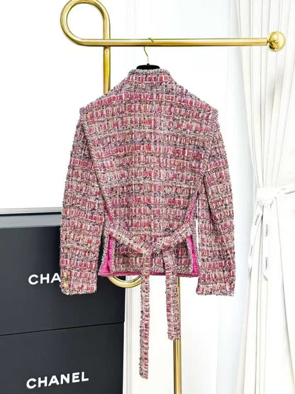 Chanel 21A Château Collection Pink Melange Tie-Front Stand Collar Jacket