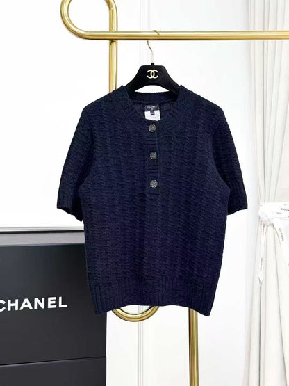 Chanel 23B Navy Blue Double C Button Short-Sleeve Knit Top