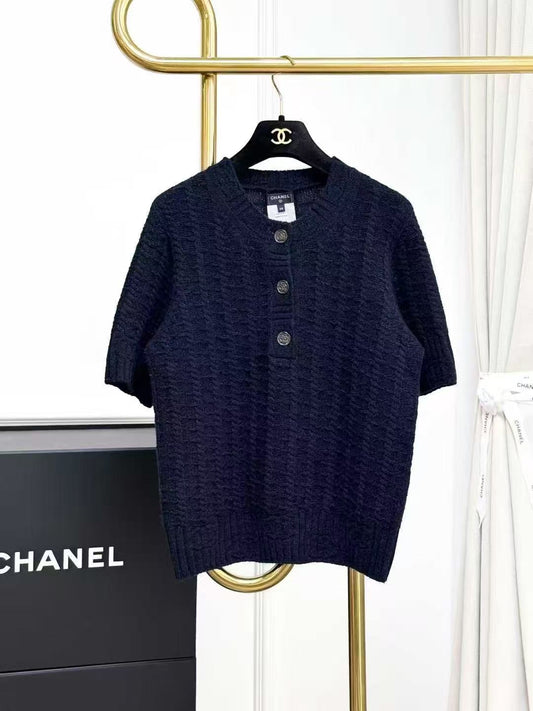 Chanel 23B Navy Blue Double C Button Short-Sleeve Knit Top