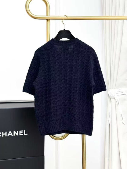 Chanel 23B Navy Blue Double C Button Short-Sleeve Knit Top