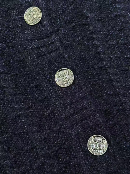 Chanel 23B Navy Blue Double C Button Short-Sleeve Knit Top