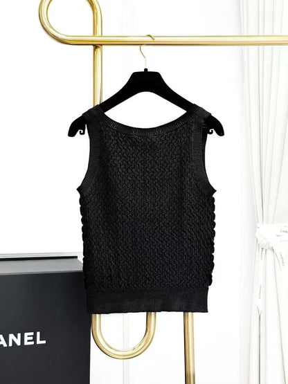 Chanel 23A Black Ribbed Double C Sleeveless Knit Tank Top