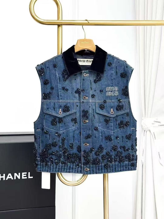 MiuMiu Heavy-Duty Floral Beaded Letter Logo Denim Collared Vest