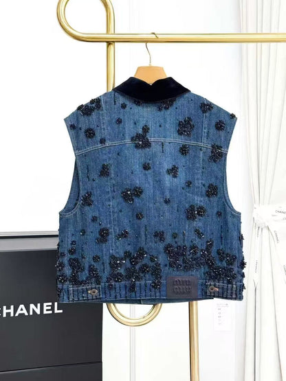 MiuMiu Heavy-Duty Floral Beaded Letter Logo Denim Collared Vest