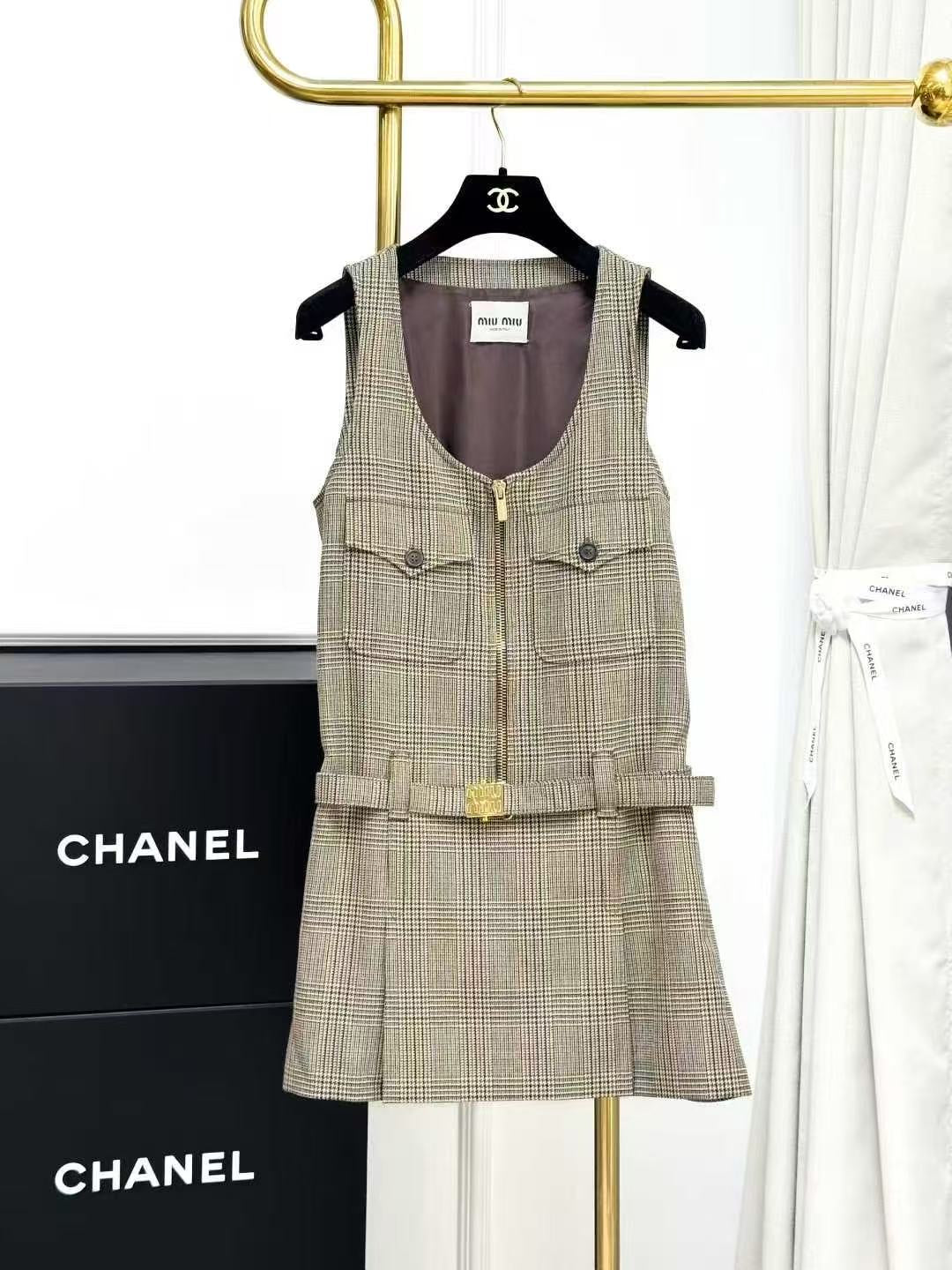 MiuMiu Brown Vintage Plaid Sleeveless Dress, Tank Dress