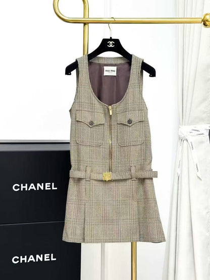MiuMiu Brown Vintage Plaid Sleeveless Dress, Tank Dress