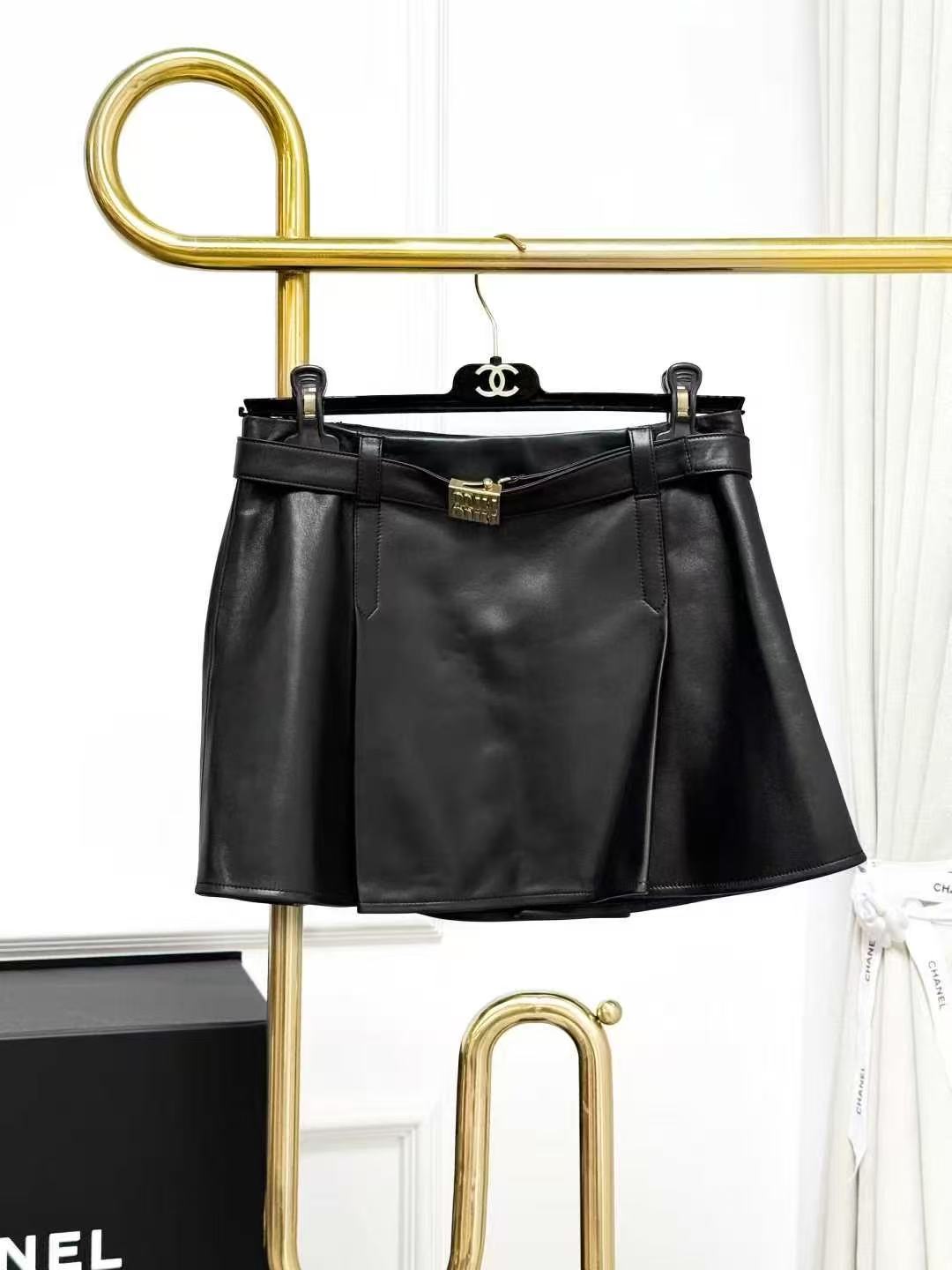 MiuMiu black letter logo leather skirt