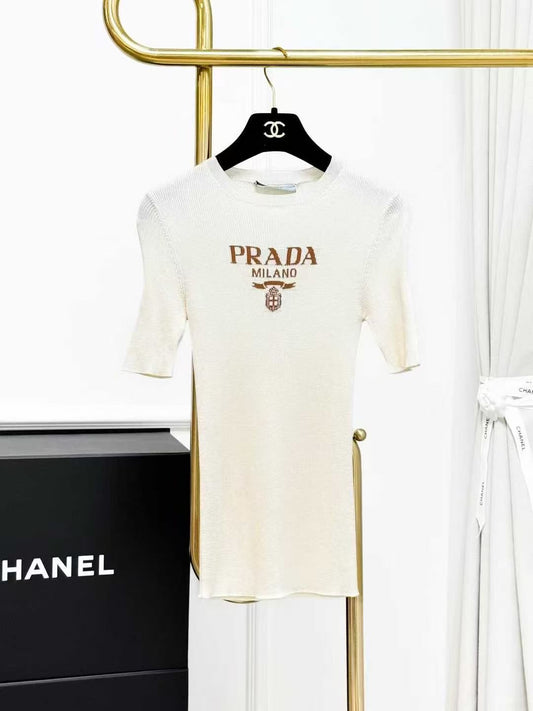 Prada Off-White Letter Logo Knit Short-Sleeve Top
