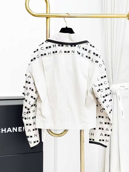 Chanel 21S Three-Dimensional Black Letter Logo Sequined Bow Off-White Jacket