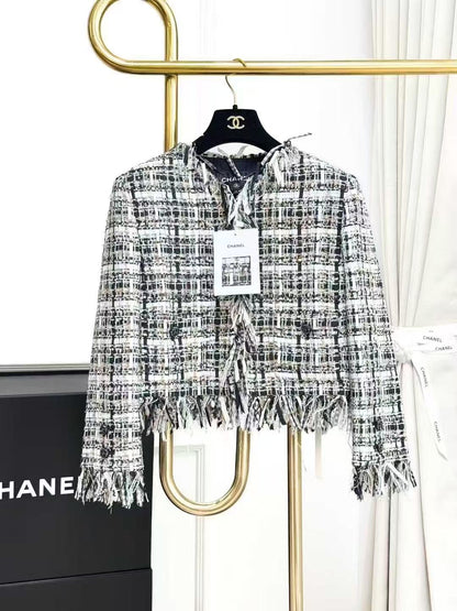 Chanel 22C Black and White Checkered Fringed Long-Sleeve Jacket