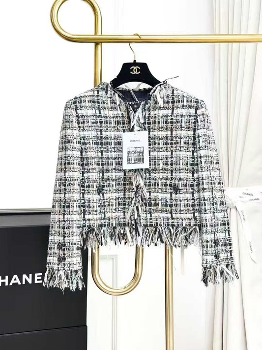 Chanel 22C Black and White Checkered Fringed Long-Sleeve Jacket
